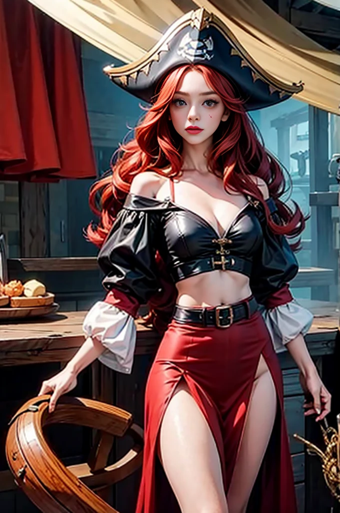 Ginger woman,1girll,Lovely and beautiful Fas,28 year old,Red hair,double tails, Practical pirate clothing, (Long-sleeved pirate top), Skirt,Torn pirate hat, view the viewer, fantasy,Cinematic lighting,Masterpiece,