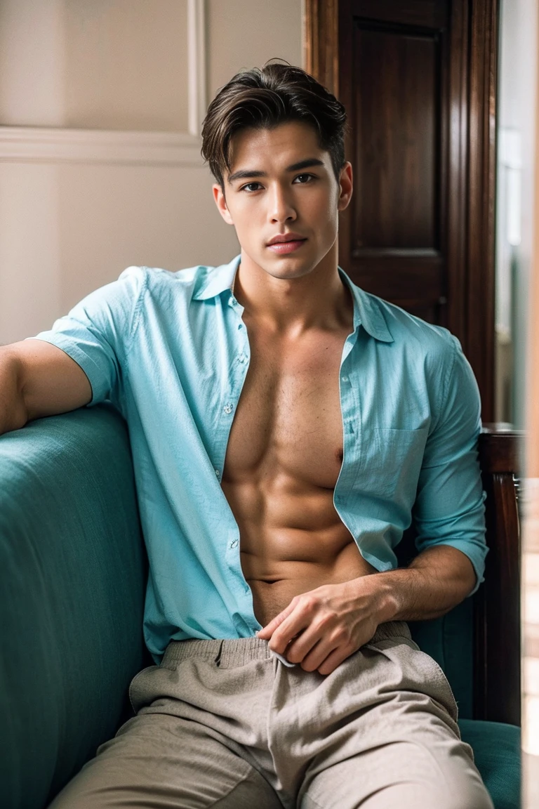 Realistic photography, handsome man open shirt ,Sit on the sofa , Living Room,huge Bulge in micro thong
