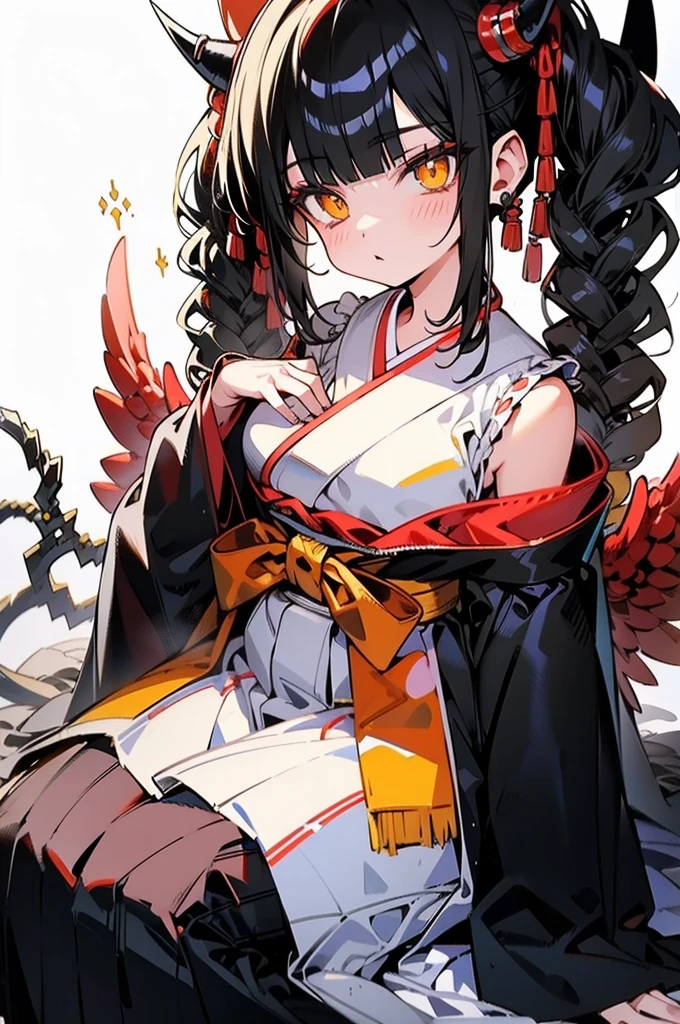 horn, hakama, Bblack hair, yellow  eyes, female, longe da camera