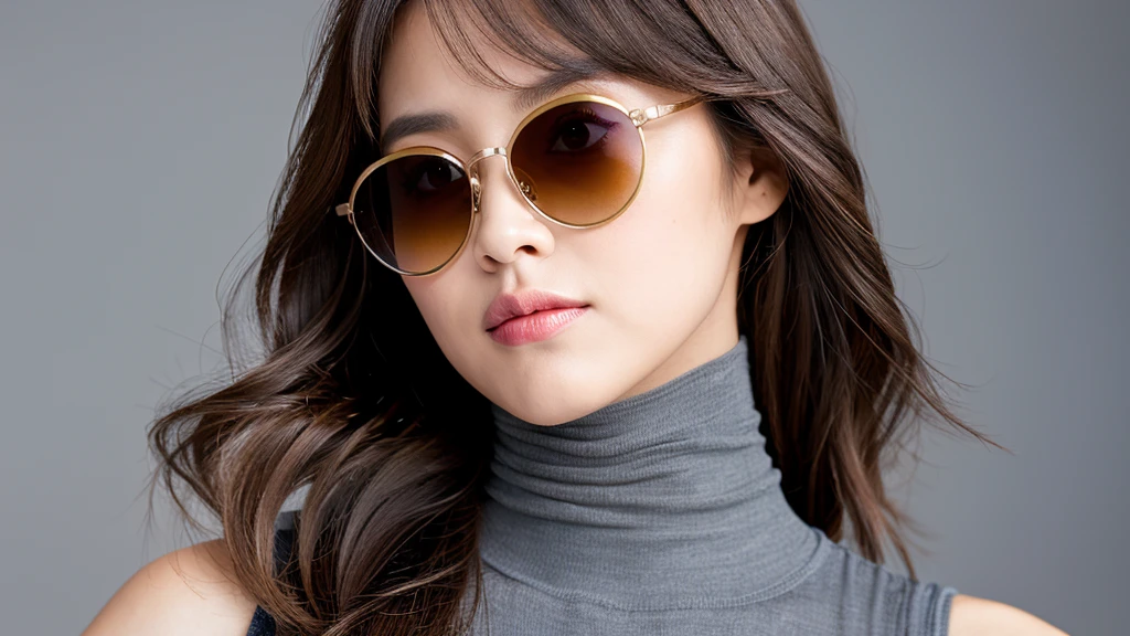 (Detailed face),vivid,chest,cute,sunglasses,Sleeveless and(turtleneck)White silky clothes,4K,Ultra-high resolution,(Photorealistic:1.7),Gray background,Long Hair,