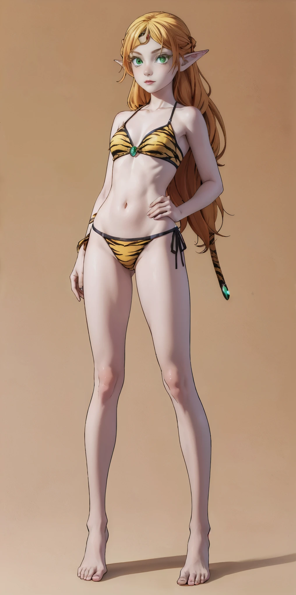 tsundere elf full body toe to head, long hair, blonde hair (green eyes:1.1) pointy ears, elf, multicolored hair, forehead jewel, yellow tiger bikini, standing symmetrical, plain background