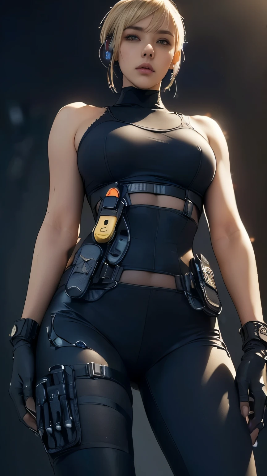 (A woman),(((A female member of the Future Force rides a motorcycle))),((Navy Tactical Leggings:1.5)),((earphone:1.5)),((Tactical Holster:1.5)),(Gloves:1.5),(Serious:1.5),(Super short hair:1.5),(Blonde:1.5),(beautiful eyes:1.3),(Very detailedな顔:1.5),((Very detailed drawing of a female hand:1.5)),((muscular:1.5)),(Sexy appearance:1.5),((Thick thighs:1.5)),(Beautiful Body:1.5),((Very sensual:1.5)),(The backdrop is a futuristic city:1.5),(Cyberpunk atmosphere:1.5),(((Blurred background:1.5))),(Written border depth:1.5),rest(((masterpiece:1.5),(best quality:1.5),(Very detailed:1.5),(high resolution:1.5),(Practical:1.5),(Practical:1.5),(Delicate depiction),(carefully drawn))),8K,wallpaper,((From below:1.2))