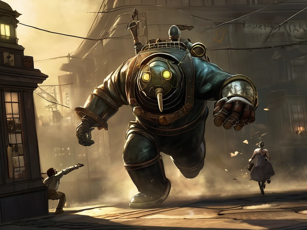 big daddy from bioshock seen from the side running chasing someone