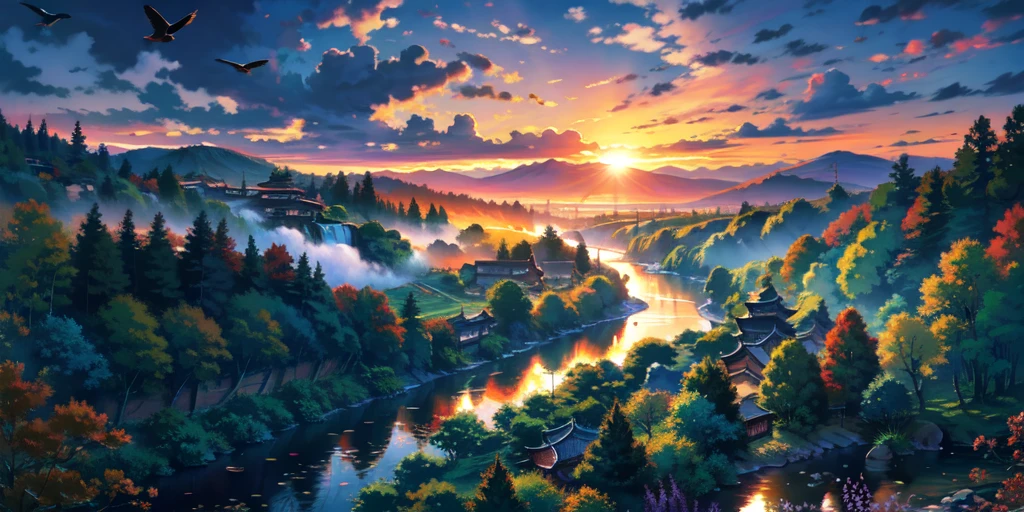 Vision,River flowing out of the forest,sunrise,sunrise光亮小点,cloudy,Birds flying over the river,Colorful river water