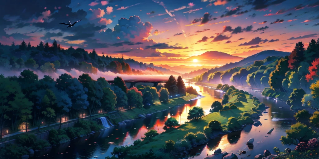 Vision,River flowing out of the forest,sunrise,sunrise光亮小点,cloudy,Birds flying over the river,Colorful river water