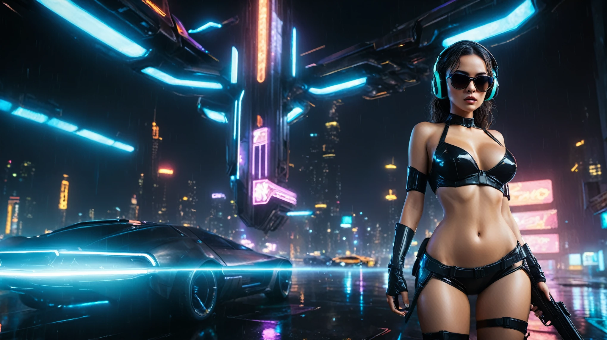 (aerial view, a flying cars docking platform, a very dark abandoned futuristic city, neon lights), rainy night. 1girl, solo, alone, large-breast:1.2 slim body, cleavage:1.1, sexy wind blowing wet dress:1.4, (headphone, black sunglasses), (((she raised:1.8 a pistol:1.8 and took aim))), dynamic pose, (((half-body thigh level medium shot))), cinematic lighting, lens flare, ray tracing.