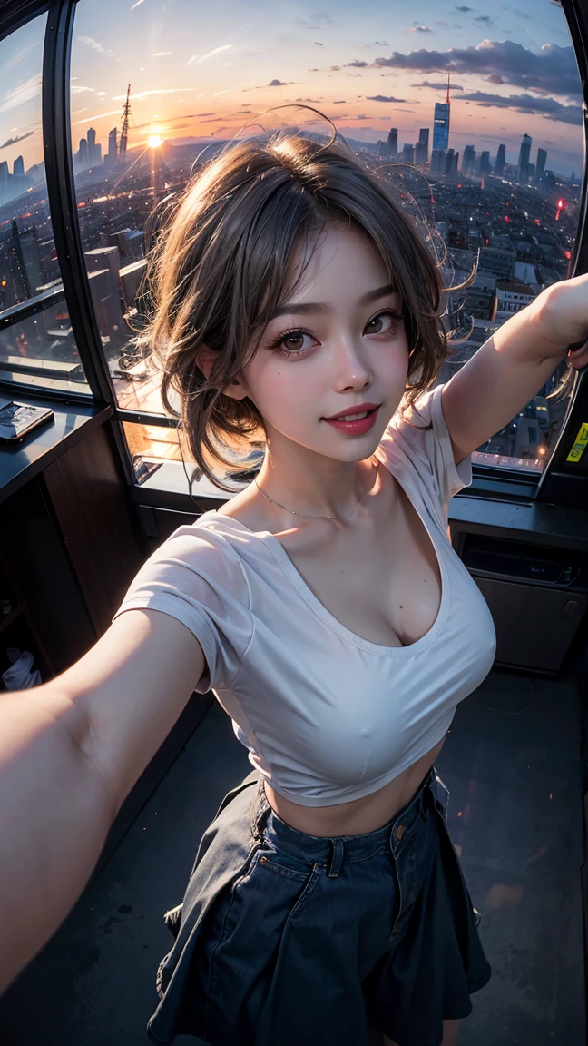xxmixgirl,One Girl, Fisheye Lens, Selfie, Wind, Messy Hair, sunset, Cityscape, (Aesthetics and atmosphere:1.2), Gray Hair,smile, Film Girl, Short top shirt, Open your chest wide,