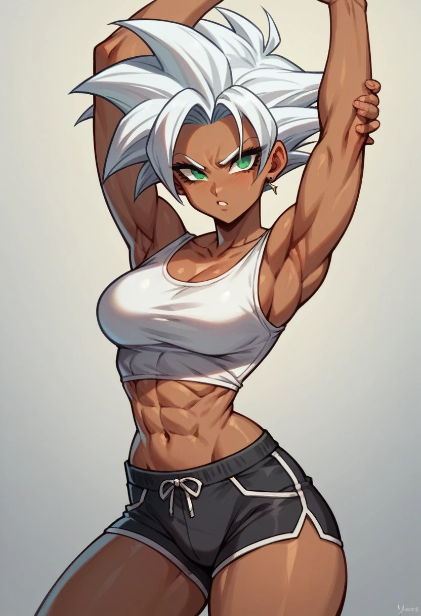 1futa, Saiyan, spiked white hair, green eyes, slim, thin waist, wide hips, dark skin, medium breasts,with black shorts, white tank top , your huge dick would be stretching your clothes, huge dick marking your clothes
