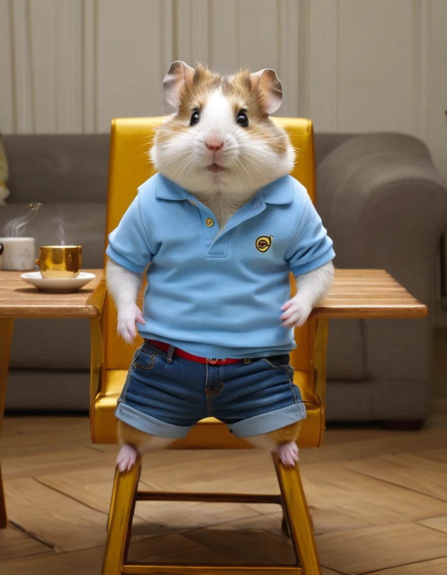 Full shot photograph of an anthropomorphic hamster, dressed in Opel brand Polo with short light blue denim shorts, sitting on a wooden chair around a gold and diamond plated table, elegant dining room having a hot coffee, full HD, 8k
