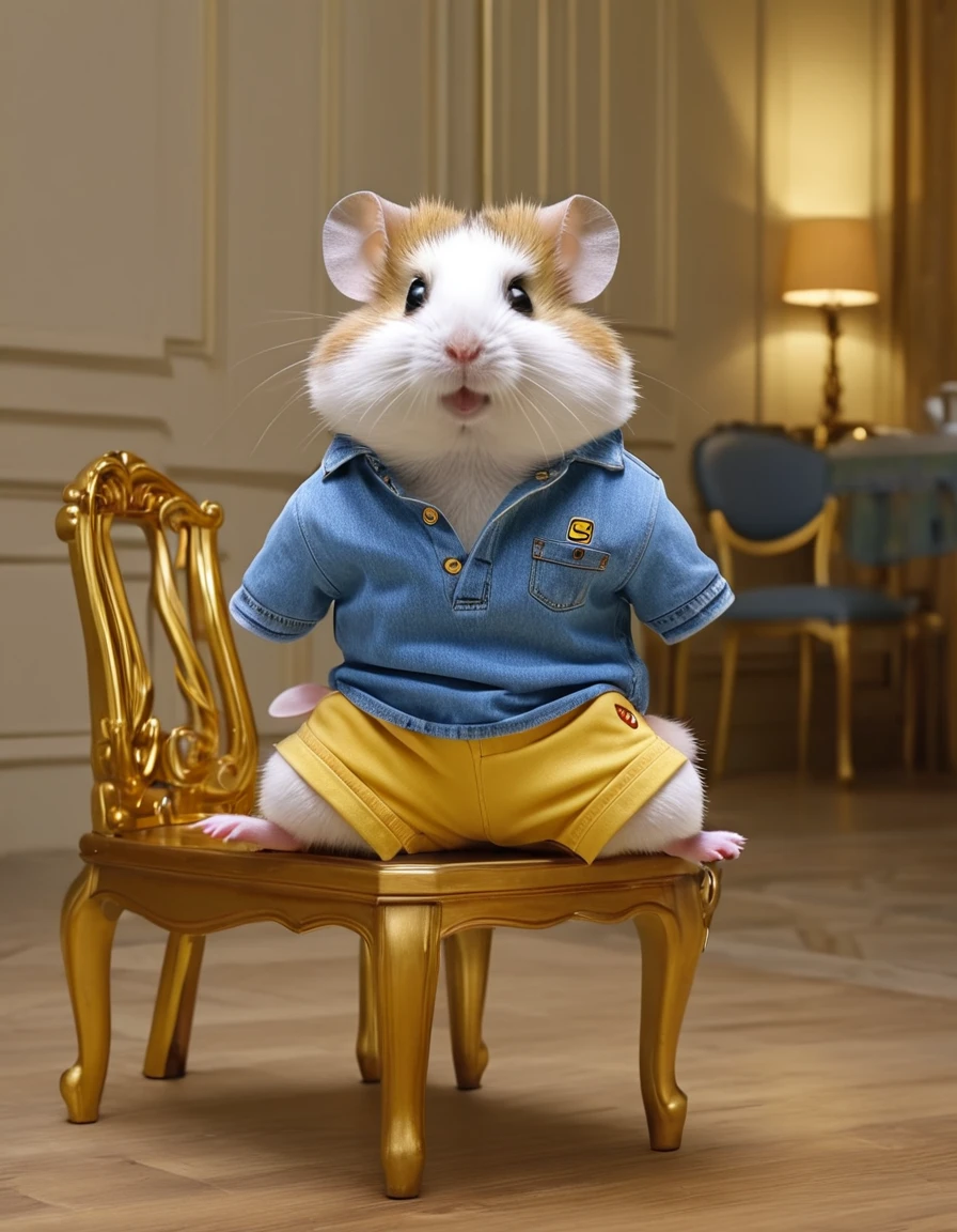 Full shot photograph of an anthropomorphic hamster, dressed in Opel brand Polo with short light blue denim shorts, sitting on a wooden chair around a gold and diamond plated table, elegant dining room having a hot coffee, full HD, 8k