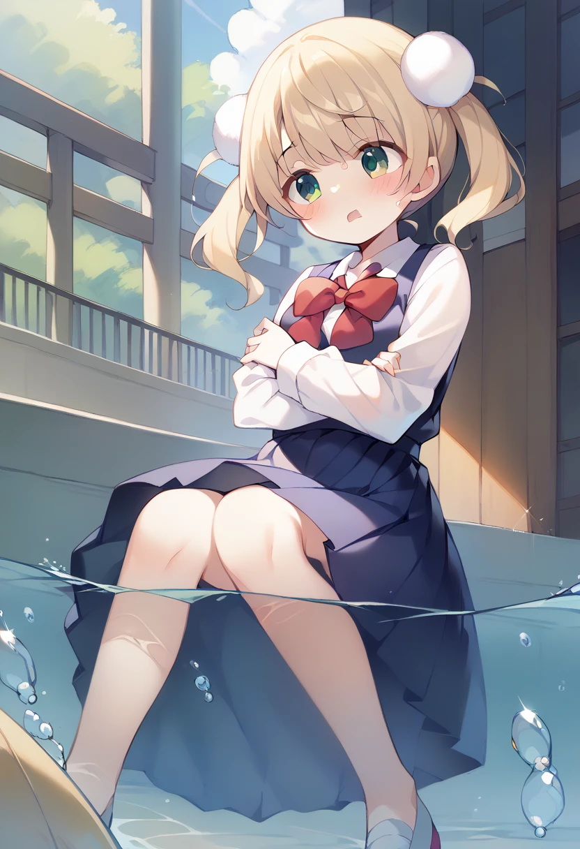 masterpiece, score_9, score_8_up, score_7_up, best quality, ShigureUI-PXL, white shirt, bionde, green eyes, flat, Dark blue dress, Red bow, Pigtails, hair Pom pom, indoors, shiny hair, cuteポーズ, (Completely flooded)、((The skirt spreads over the water surface.))、(Drowning), Immersed in water、Transparent pool, Water Play, Primary school students、Skirt fully open、Long wide skirt、cute、blush、Watery eye、Lots of water、Wet