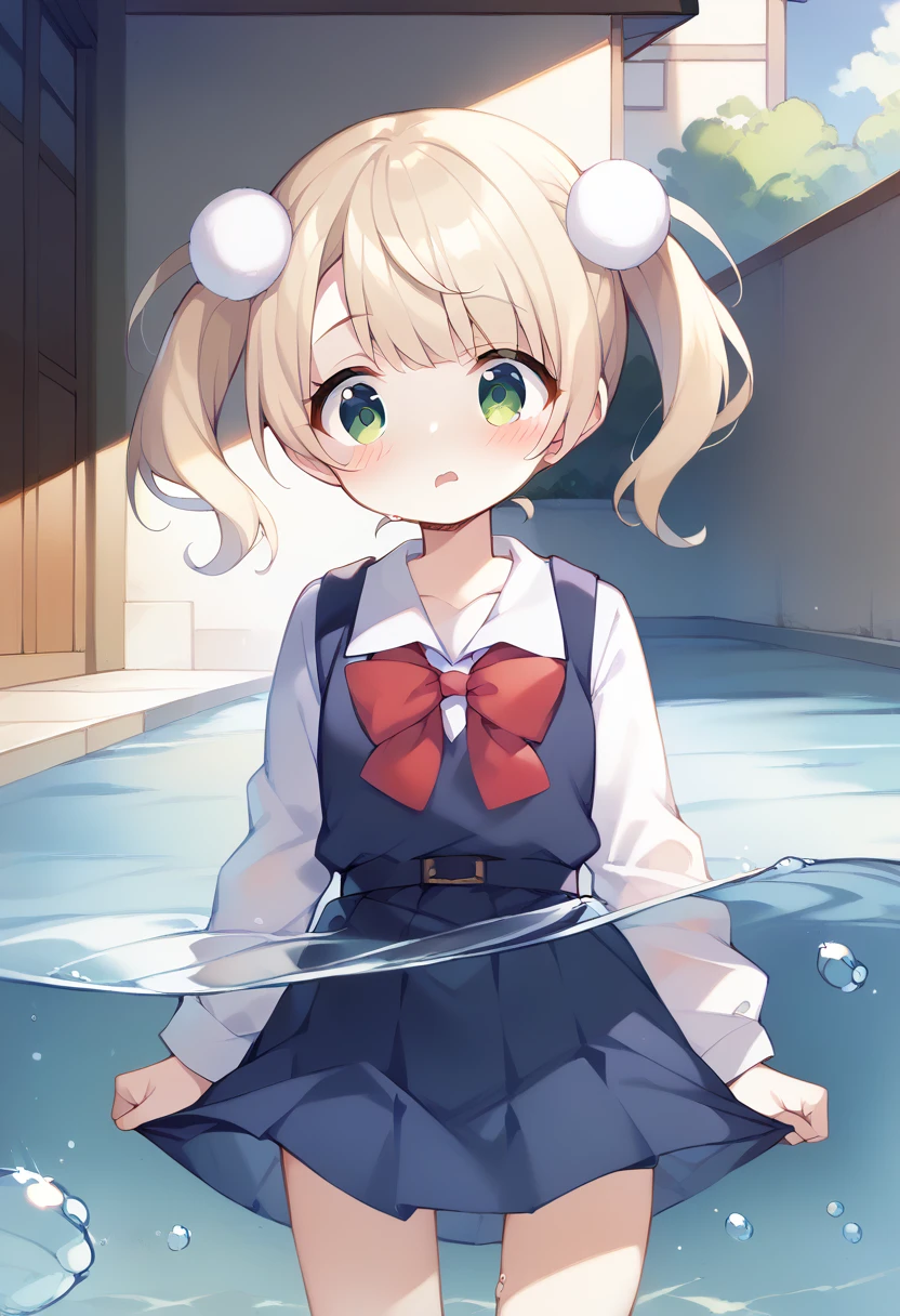 masterpiece, score_9, score_8_up, score_7_up, best quality, ShigureUI-PXL, white shirt, bionde, green eyes, flat, Dark blue dress, Red bow, Pigtails, hair Pom pom, indoors, shiny hair, cuteポーズ, (Completely flooded)、((The skirt spreads over the water surface.))、(Drowning), Immersed in water、Transparent pool, Water Play, ***********************、Skirt fully open、Long wide skirt、cute、blush、Watery eye、Lots of water、Wet