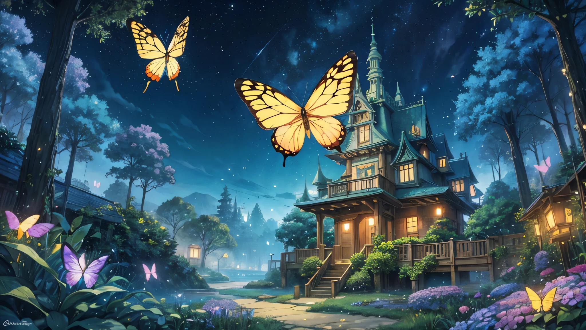 Studio ghibli, enchanted landscapes with lights , butterflies, fireflies, etc