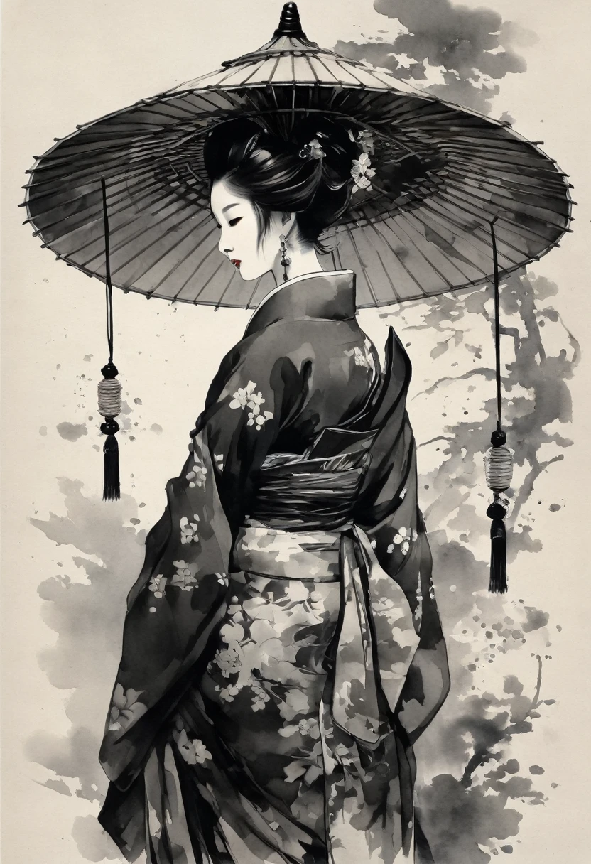 ink,Black and white painting,splash,Upper Body.profile,,A gorgeously made-up courtesan,(Ornately decorated5Put a big hairpin made of a book in your hair),Richly decorated kimono,(A kimono with a wide open back collar that allows the back to be seen from the nape of the neck:1.2),Large umbrella,Night scenery with lanterns lined up,