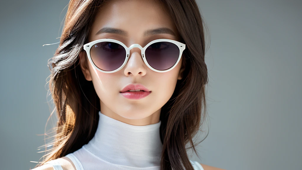 (Detailed face),vivid,chest,cute,sunglasses,Sleeveless and turtleneck(white)Silky clothes,4K,Ultra-high resolution,(Photorealistic:1.7),Gray background,Long Hair,