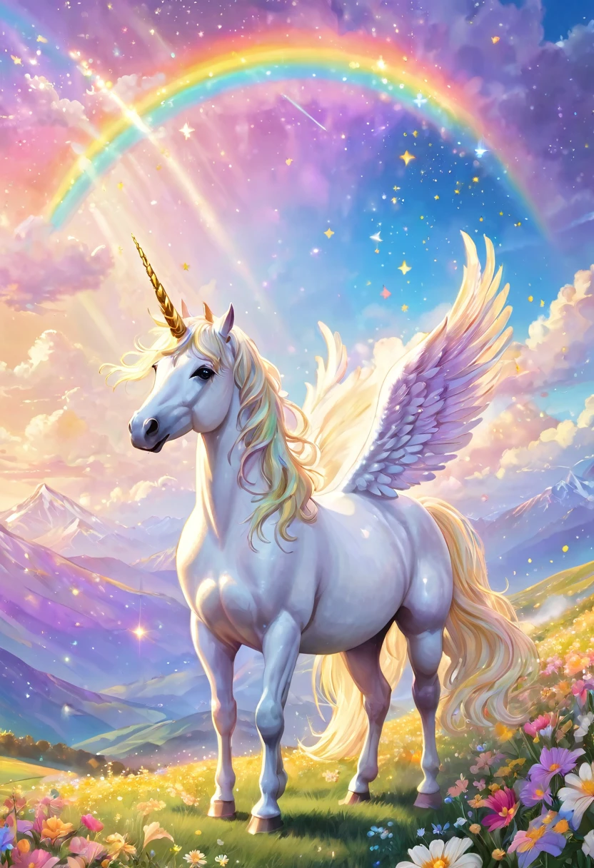 White unicorn under a pastel rainbow sky, heart overflowing, joy, happiness, Pegasus with golden hair standing, sacred, beautiful hills, flowers, clouds, shooting stars, fine grains of light, perfection lighting