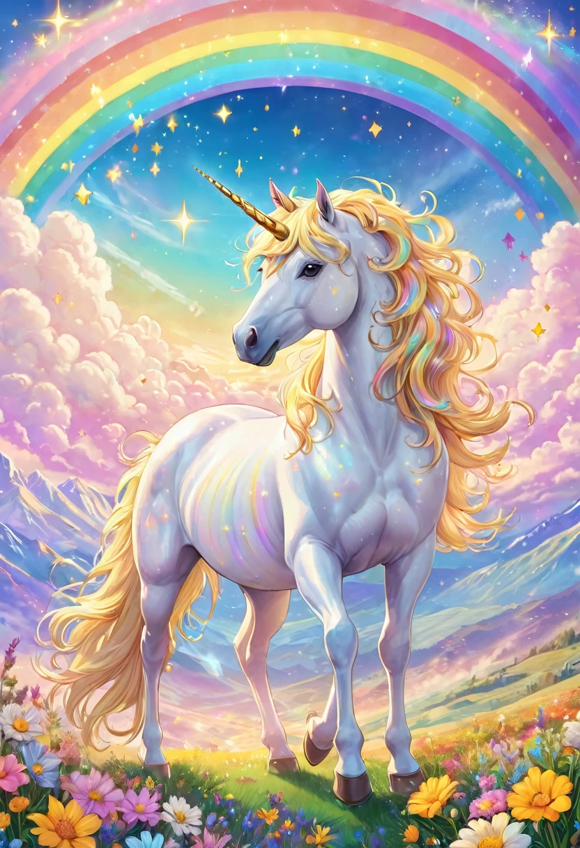 White unicorn under a pastel rainbow sky, heart overflowing, joy, happiness, Pegasus with golden hair standing, sacred, beautiful hills, flowers, clouds, shooting stars, fine grains of light, perfection lighting