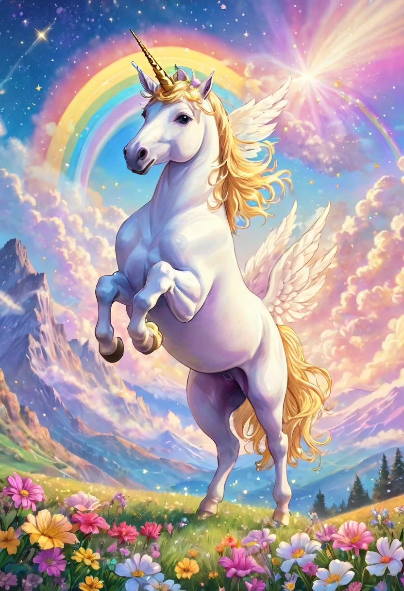 White unicorn under a pastel rainbow sky, heart overflowing, joy, happiness, Pegasus with golden hair standing, sacred, beautiful hills, flowers, clouds, shooting stars, fine grains of light, perfection lighting