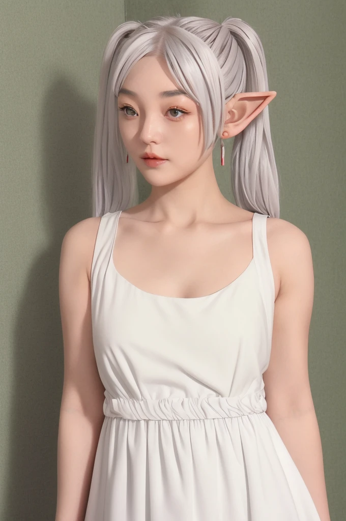 èèè®,1girl,solo,elf,white hair,grey hair,earrisleeveless dress,white dress,sleeveless dress,bare shoulders,collarbone,ngs,pointy ears,long hair,ponytail,green eyes,twintails,parted bangs,thick eyebrows,nsfw,small breasts,cleavage,nsfw, 20yo,Young female,Beautiful Finger,Beautiful long legs,Beautiful body,Beautiful Nose,Beautiful character design, perfect eyes, perfect face,expressive eyes,
looking at viewer,
official art,extremely detailed CG unity 8k wallpaper, perfect lighting,Colorful, Bright_Front_face_Lighting,shiny skin,
(masterpiece:1.0),(best_quality:1.0), ultra high res,4K,ultra-detailed,
photography, 8K, HDR, highres, absurdres:1.2, Kodak portra 400, film grain, blurry background, bokeh:1.2, lens flare, (vibrant_color:1.2), (beautiful_face:1.5),(narrow_waist), ,NSFW,, Exquisite visuals, high-definition,masterpiece,best quality,
