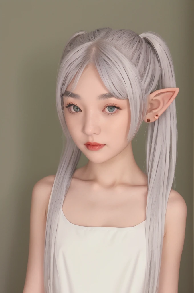 èèè®,1girl,solo,elf,white hair,grey hair,earrisleeveless dress,white dress,sleeveless dress,bare shoulders,collarbone,ngs,pointy ears,long hair,ponytail,green eyes,twintails,parted bangs,thick eyebrows,nsfw,small breasts,cleavage,nsfw, 20yo,Young female,Beautiful Finger,Beautiful long legs,Beautiful body,Beautiful Nose,Beautiful character design, perfect eyes, perfect face,expressive eyes,
looking at viewer,
official art,extremely detailed CG unity 8k wallpaper, perfect lighting,Colorful, Bright_Front_face_Lighting,shiny skin,
(masterpiece:1.0),(best_quality:1.0), ultra high res,4K,ultra-detailed,
photography, 8K, HDR, highres, absurdres:1.2, Kodak portra 400, film grain, blurry background, bokeh:1.2, lens flare, (vibrant_color:1.2), (beautiful_face:1.5),(narrow_waist), ,NSFW,, Exquisite visuals, high-definition,masterpiece,best quality,