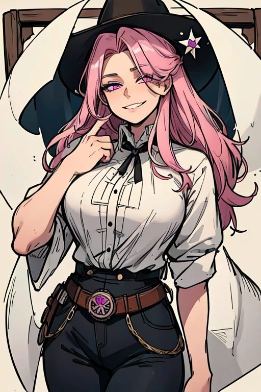 Perfect face. Perfect hands. A handsome pink haired cowboy with violet eyes and long hair in a sheriff's outfit is watching the stars in a wild west town with a big smile