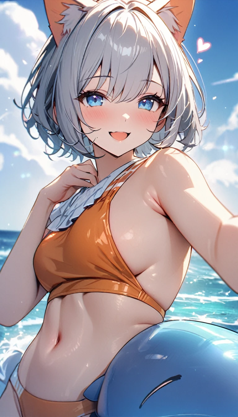 1girl、(((best quality)), ((masterpiece)), (details), masterpiece, best quality, high quality, ulutra detailed, perfect face, ((1girl, Blue eyes, cat ears: 1.3 silver bob hair: 2.5,))、Shiny Hair、Glowing Skin、smile、Lustful look、I can see your toned stomach、Sideboob、iding on the inflatable killer whale float.Ocean、Ocean上、Ocean水浴、Orange Bikini、smile、Heart effect
