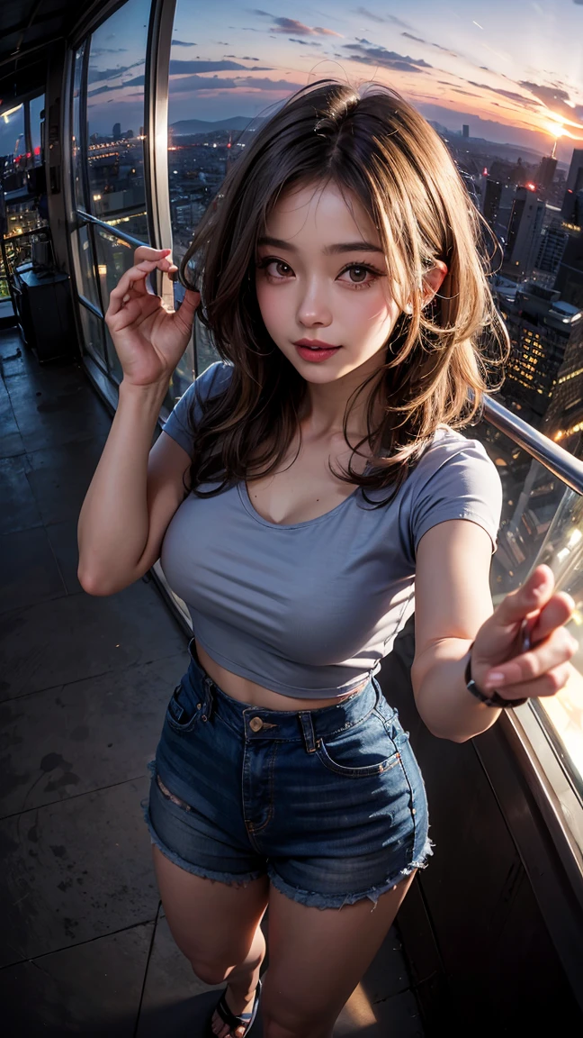 xxmixgirl,One Girl, Fisheye Lens, Selfie, Wind, Messy Hair, sunset, Cityscape, (Aesthetics and atmosphere:1.2), Gray Hair,smile, Film Girl, Short top shirt, Open your chest wide,