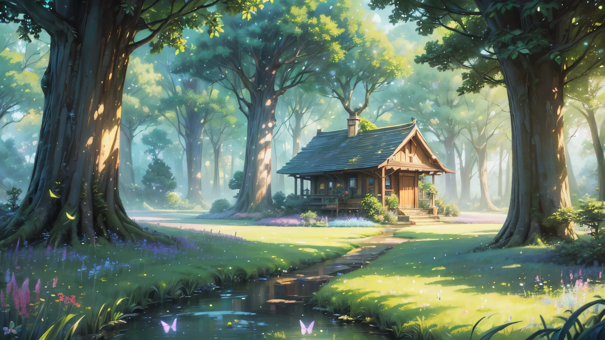 highly detailed, studio ghibli style landscape, enchanted meadow, lush greenery, vibrant colors, warm lighting, fireflies, butterflies, mystical atmosphere, cinematic composition, (best quality,4k,8k,highres,masterpiece:1.2),ultra-detailed,(realistic,photorealistic,photo-realistic:1.37),fantasy,digital painting,concept art