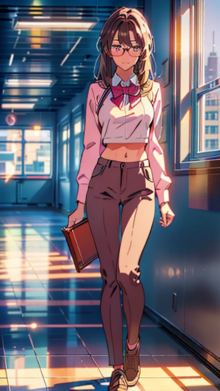 highly detailed, 8K, masterpiece, best quality, pretty teenager girl, nerd girl, ((dark skin)), megane, glasses, pink eyes, ((brown hair)), mid hair, nerd sweather, coat, pants, holding a book, thin, ((full body scene)), ((full body)), ((full body angle)), pretty girl, (medium-breasts:1.5), ((mid chest)), standing, highschool scenario, highschool background, school scenario, school background, (Ultra High Resolution: 1.2), (RAW Photo: 1.2)