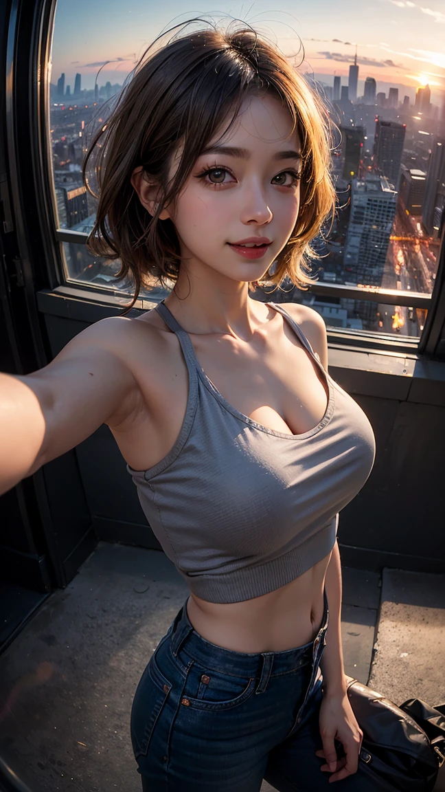 xxmixgirl,One Girl, Fisheye Lens, Selfie, Wind, Messy Hair, sunset, Cityscape, (Aesthetics and atmosphere:1.2), Gray Hair,smile, Film Girl, Short top shirt, Open your chest wide,