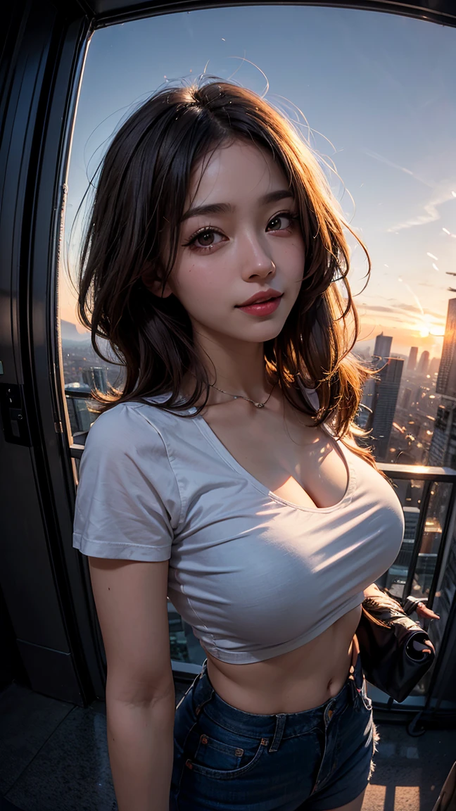 xxmixgirl,One Girl, Fisheye Lens, Selfie, Wind, Messy Hair, sunset, Cityscape, (Aesthetics and atmosphere:1.2), Gray Hair,smile, Film Girl, Short top shirt, Open your chest wide, 