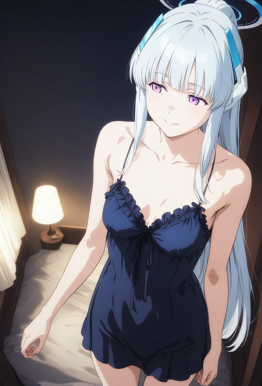 best quality, amazing quality, very aesthetic, absurdres, (1girl, noa, blue archive, solo, purpel eyes, white hair, medium breasts), (realistic face:0.9),(negligee long:1.8), (smile, night, thigh:1.3), (cowboy shot), (glowing eyes), (half closed eyes:0.9), (from above0.9), (official art:1.3), (high angle), expressive eyes, perfect face, 4k, extremely detailed anime illustration, extremely detailed eyes, perfect anatomy, light rays, extremely delicate body, smooth skin, (bedroom background:1.5), clear eyes, beautiful face, looking away,(anime style:1.7), (dark Light:1.5), (highres:2),