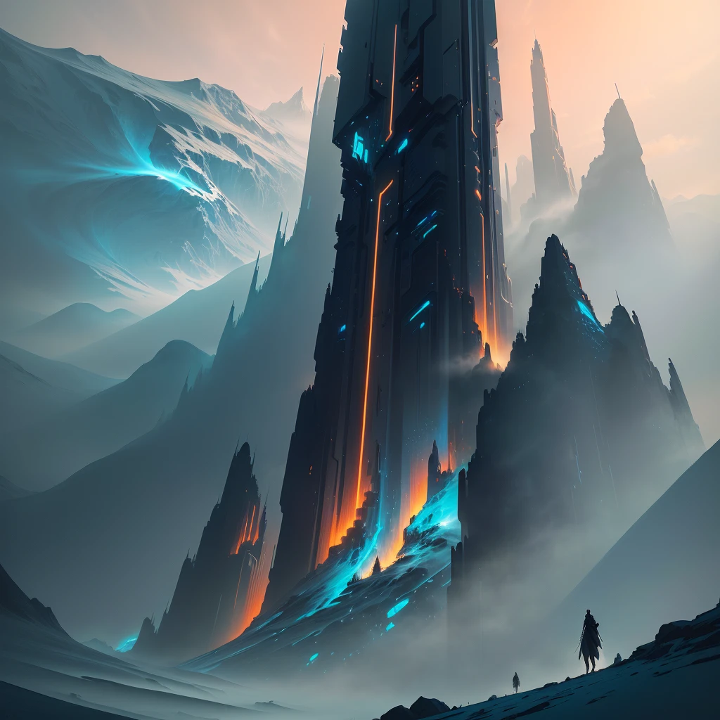 there is a very tall building in the middle of a mountain, by Christopher Balaskas, black gold and teal, sci fi epic digital art, inspired by Christopher Balaskas, sci-fi digital painting, 8k matte painting, 8 k matte painting, epic fantasy sci fi illustration, concept art 8 k, sci fi digital painting, 4k highly detailed digital art, concept art 4k