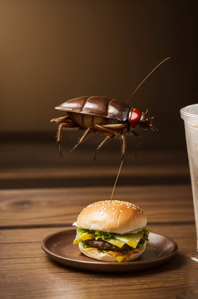 A cockroach sitting on the table eating a small hamburger 