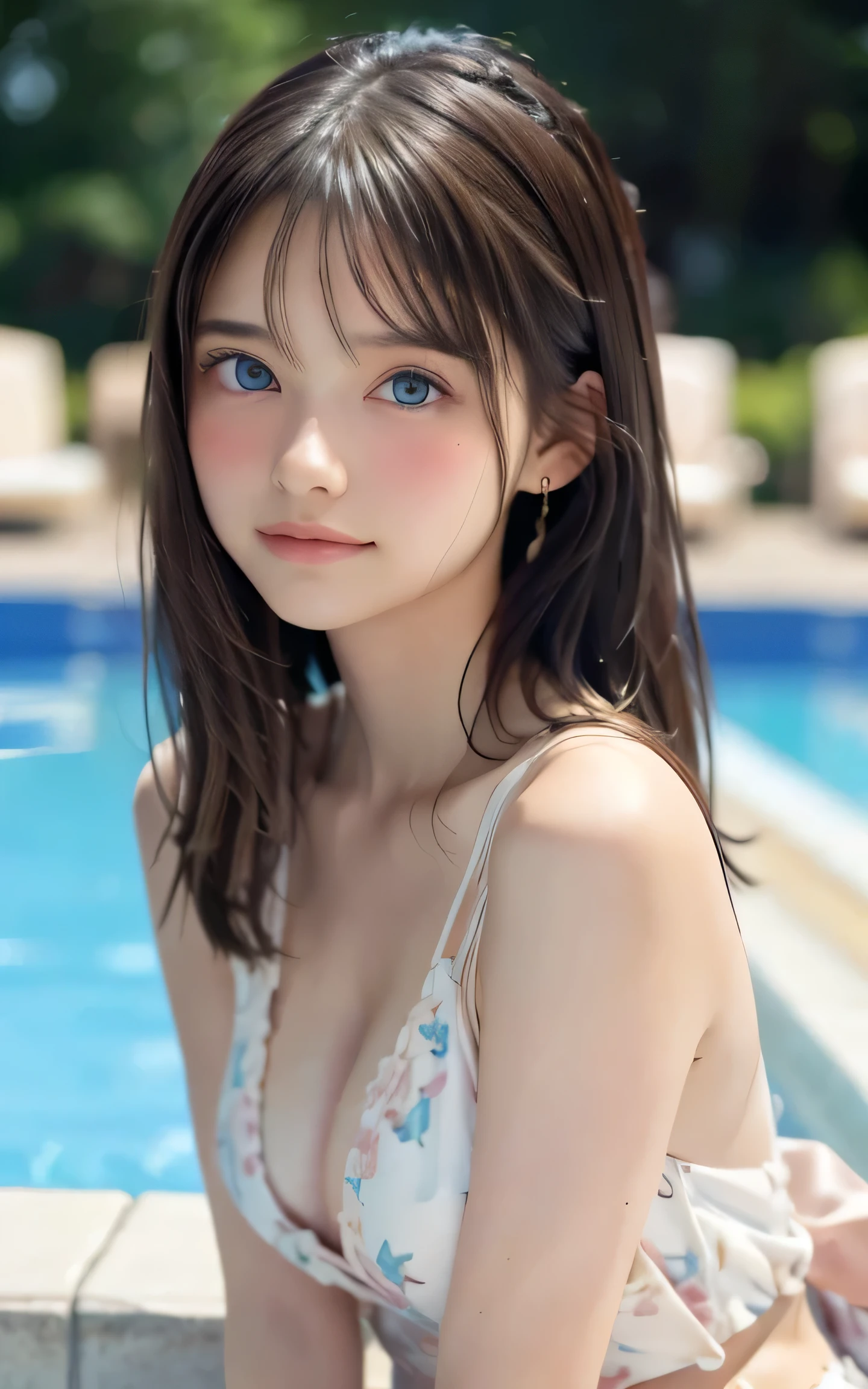 masutepiece, Best Quality, 8K, 1 girl, 20 yo, Full body, Solo, Cute, Girly, Delicate girl, Neat and clean beauty, Raw photo, Professional Photography, Portrait, Soft light, Professional Lighting, Back lighting, look forward to your eyes, Sophisticated, Film grain, (Eyes and faces with detailed:1.0), medium length floating hair, Beautiful flowing hair, Bangs, a beuatiful european girl,cute girl,perfect body,medium perky tits,make up,blush,blushing,embarrassed,shy smile, blue eyes,perfect face,detailed background,extremely detailed cg unity 8k wallpaper,masterpiece, best quality, ultra high res, shiny skin,white pale skin,long hair,blonde,large blue eyes,earring, public_pool, poolside, pool, completely nude,standing,fullbody,