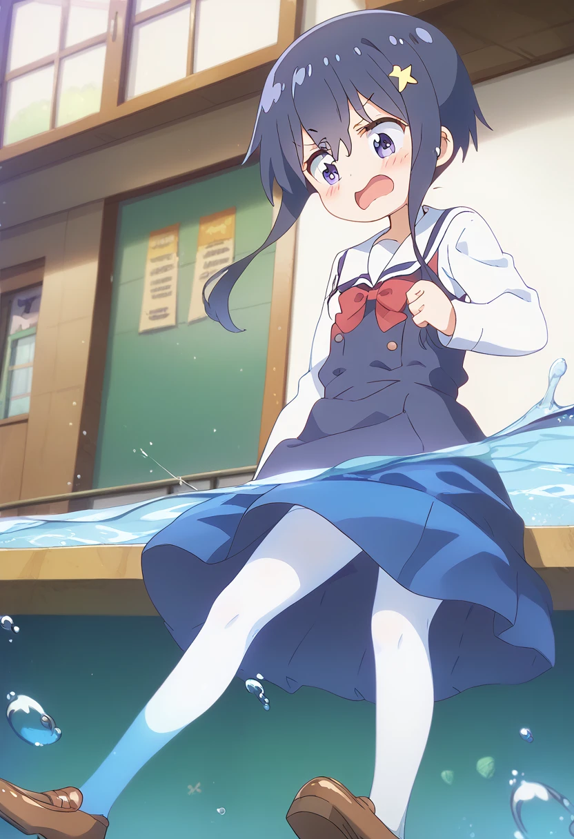 score_9, score_8_up, score_7_up, source_アニメ, masterpiece, 1girl, watahana, , blue dress, sailor dress, pinafore dress, white sailor collar,white shirt, red bowtie, long sleeves, flat chest, white pantyhose, loafers, indoors, shiny hair, cuteポーズ, (Completely flooded)、((Wind power increase))、((The skirt spreads over the water surface.))、(Drowning), Immersed in water、Transparent pool, Water Play, Primary school students、Skirt fully open、Long wide skirt、cute、blush、Watery eye、Lots of water、Wet