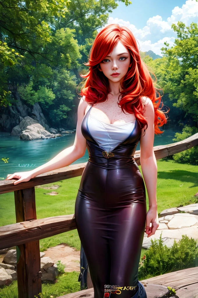 a beautiful ginger-haired woman, 1 girl, freckles, 28 years old, long red hair in double tails, wearing practical pirate clothing including a long-sleeved pirate top, a skirt, and a torn pirate hat, looking at the viewer, fantasy art, cinematic lighting, masterpiece, (best quality,4k,8k,highres,masterpiece:1.2),ultra-detailed,(realistic,photorealistic,photo-realistic:1.37),HDR,UHD,studio lighting,ultra-fine painting,sharp focus,physically-based rendering,extreme detail description,professional,vivid colors,bokeh