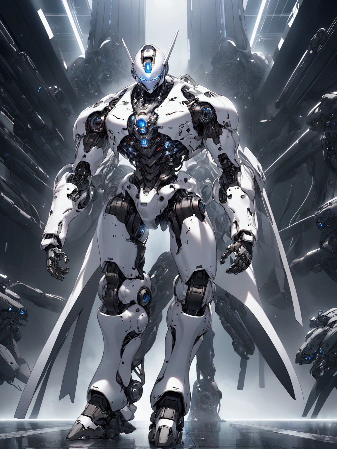 ((masterpiece)), ((best quality)), (from front, facing front), (cyber, war robot, massive), (full-body shot), 1man, adult man, solo, black skin, human head, long brown hair, blue eyes, solid white robot armor, white metal body, smiling, hyper-detailed, futuristic, mechanical, striking, powerful, awe-inspiring, moody, atmospheric