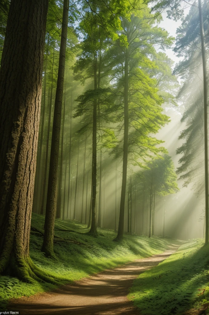 A dense forest during the early morning, captured with a Canon EOS R5 and a 24-70mm lens. The scene shows tall trees with thick trunks and lush green leaves, with sunlight filtering through the canopy, creating a dappled light effect on the forest floor. The ground is covered with fallen leaves and small plants, adding to the natural beauty. Mist is rising in the background, adding a sense of mystery and tranquility. High-resolution, highly detailed, with natural lighting emphasizing the textures of the leaves and bark.