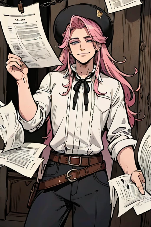 Perfect face. Perfect hands. A handsome pink haired cowboy with violet eyes and long hair in a sheriff's outfit is hanging up wanted paper in a wild west town with a big smile