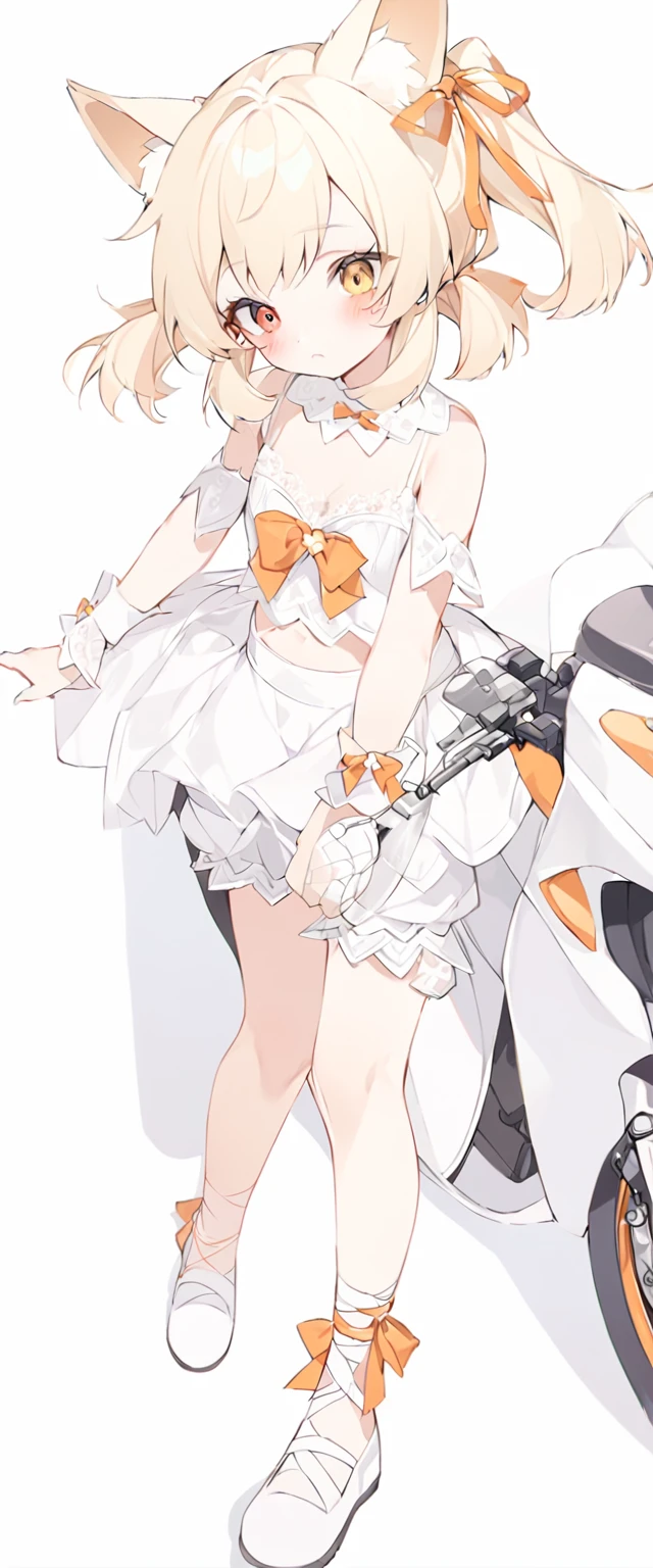 The fox girl,1girl,short hair, The hairstyle is like Klee's,animal ears, bangs, bare shoulders, blonde hair, blush, bow, breasts, white cleavage, cropped torso, , green eyes, hair ribbon, heterochromia, , , , orange bow, orange eyes, orange ribbon,  ribbon, solo, stuffed animal, , , twintails, upper body, full-length, white legbands, white shoes with lace and white bows, white background, wrist cuffs, yellow eyes, bloomers, close-up, fair skin frills, lace, midriff, skirt, solo, , white background,shorts, white top with ribbon and lace and trousers,trousers, genshin,white slippers with a bow,All clothes are white, laceAt full height, it stands,bandaged hands, short hair , ankle lace-up, ankle ribbon, bow, leg ribbon, lineart, , shoes, , standing, , white bow, white footwear,on a white motorcycle, holding the steering wheel, a slightly indignant expression on his face, looking the other way,riding a motorcycle 