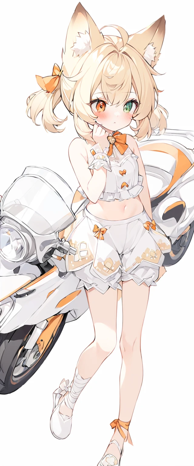 The fox girl,1girl,short hair, The hairstyle is like Klee's,animal ears, bangs, bare shoulders, blonde hair, blush, bow, breasts, white cleavage, cropped torso, , green eyes, hair ribbon, heterochromia, , , , orange bow, orange eyes, orange ribbon, ribbon, solo, stuffed animal, , , twintails, upper body, full-length, white legbands, white shoes with lace and white bows, white background, wrist cuffs, yellow eyes, bloomers, close-up, fair skin frills, lace, midriff, skirt, solo, , white background,shorts, white top with ribbon and lace and trousers,trousers, genshin,white slippers with a bow,All clothes are white, laceAt full height, it stands,bandaged hands, short hair , ankle lace-up, ankle ribbon, bow, leg ribbon, lineart, , shoes, , standing, , white bow, white footwear,on a white motorcycle, holding the steering wheel, a slightly indignant expression on his face, looking the other way,riding a motorcycle