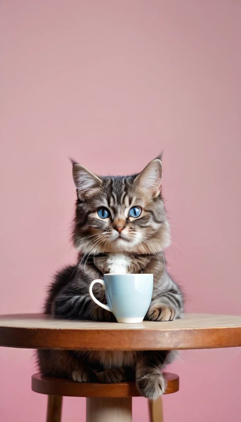 photography of a cutie cat sit with one armrest on the table in soft blue background with looking at the camera, and they holding a cup of coffee. no blur