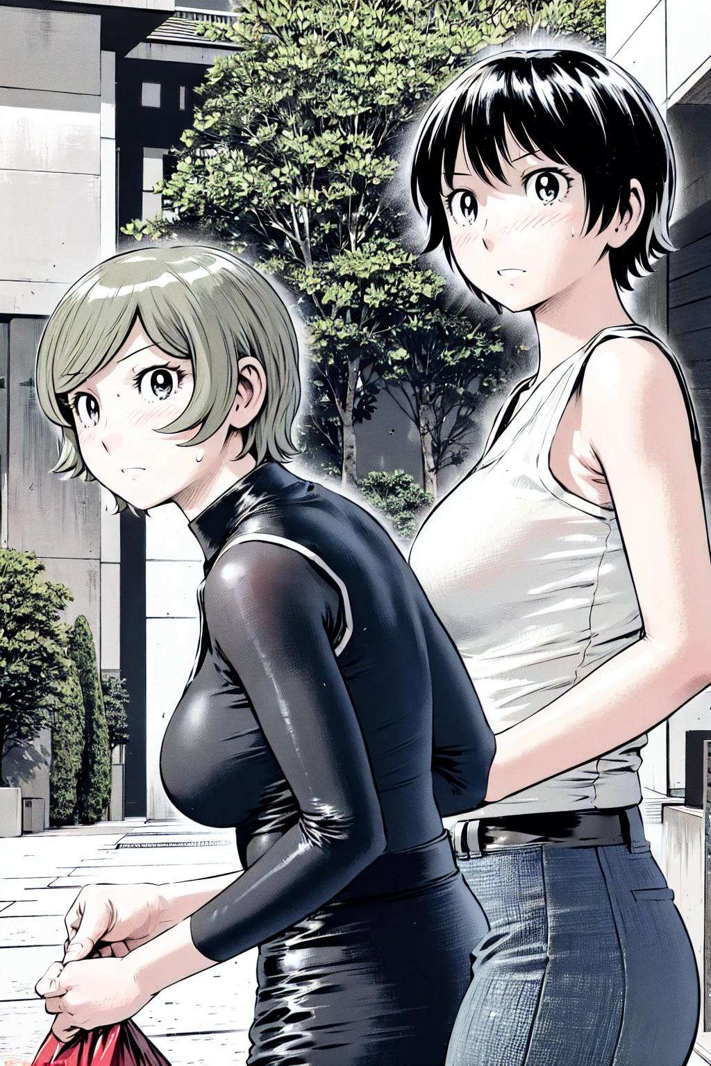 、(masterpiece、Highest quality)、Highest quality, Ultra-high resolution, (((masterpiece))), alone, Sweat、Big eyes, Sleeveless、Outdoor、Floral Dress、Composition from the front、(後ろCut your hair short、short hair、blonde、woman)、Shortcuts、Embarrassed face、Cut your hair short、可愛いwomanの子、Big Breasts、Browsing Caution