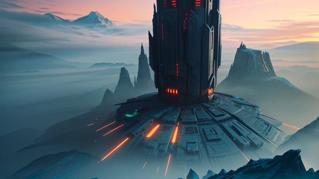 there is a very tall building in the middle of a mountain, by Christopher Balaskas, black gold and teal, sci fi epic digital art, inspired by Christopher Balaskas, sci-fi digital painting, 8k matte painting, 8 k matte painting, epic fantasy sci fi illustration, concept art 8 k, sci fi digital painting, 4k highly detailed digital art, concept art 4k