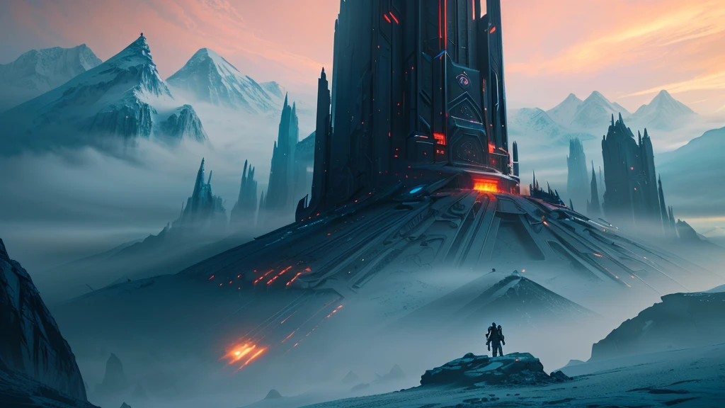 there is a very tall building in the middle of a mountain, by Christopher Balaskas, black gold and teal, sci fi epic digital art, inspired by Christopher Balaskas, sci-fi digital painting, 8k matte painting, 8 k matte painting, epic fantasy sci fi illustration, concept art 8 k, sci fi digital painting, 4k highly detailed digital art, concept art 4k
