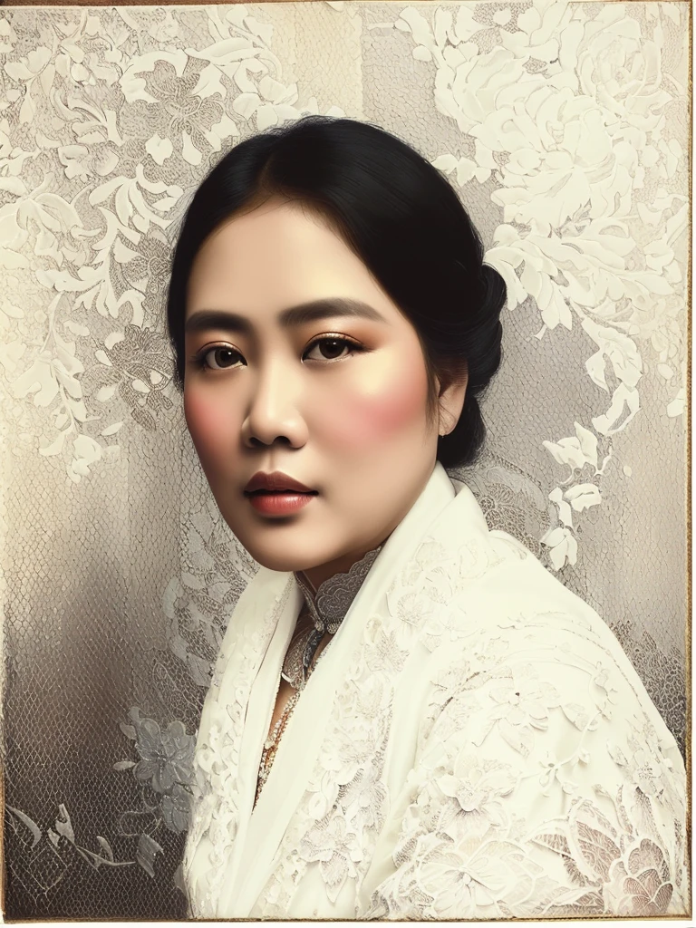 there is a woman with a white dress and a white lace jacket, a colorized photo, traditional portrait, color studio portrait, potrait, colorized photo, traditional beauty, inspired by I Ketut Soki, inspired by Basuki Abdullah, portrait of modern darna, color portrait, inspired by Oka Yasutomo, inspired by Sasha Putrya, old picture