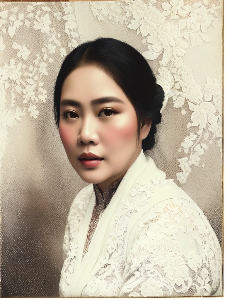 there is a woman with a white dress and a white lace jacket, a colorized photo, traditional portrait, color studio portrait, potrait, colorized photo, traditional beauty, inspired by I Ketut Soki, inspired by Basuki Abdullah, portrait of modern darna, color portrait, inspired by Oka Yasutomo, inspired by Sasha Putrya, old picture