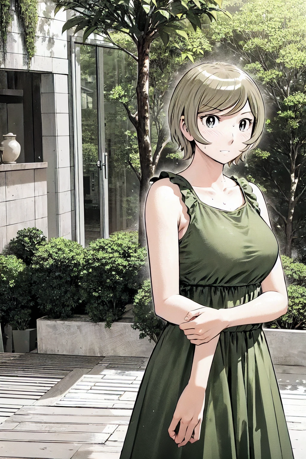 、(masterpiece、Highest quality)、Highest quality, Ultra-high resolution, (((masterpiece))), alone, Sweat、Big eyes, Sleeveless、Outdoor、Floral Dress、Composition from the front、(後ろCut your hair short、short hair、blonde、woman)、Shortcuts、Embarrassed face、Cut your hair short、可愛いwomanの子、Big Breasts、Browsing Caution