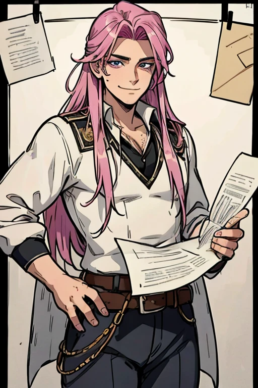Perfect face. Perfect hands. A handsome pink haired cowboy with violet eyes and long hair in a sheriff's outfit is hanging up wanted paper in a wild west town with a big smile